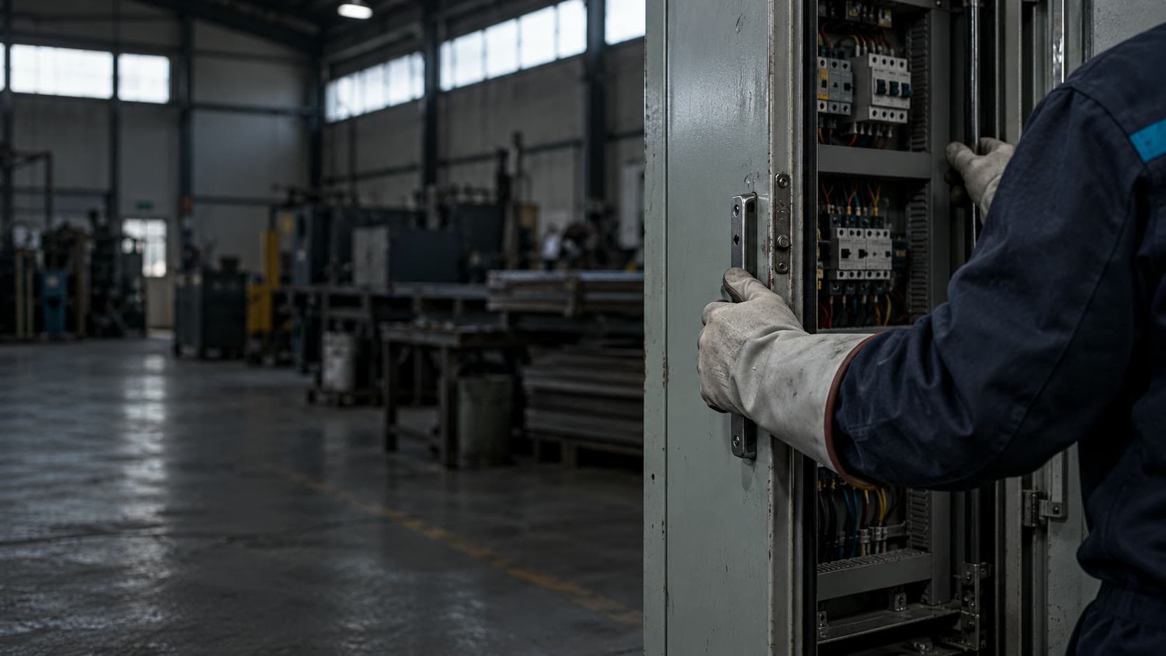 Técnico con guantes abriendo un tablero eléctrico industrial dentro de una nave