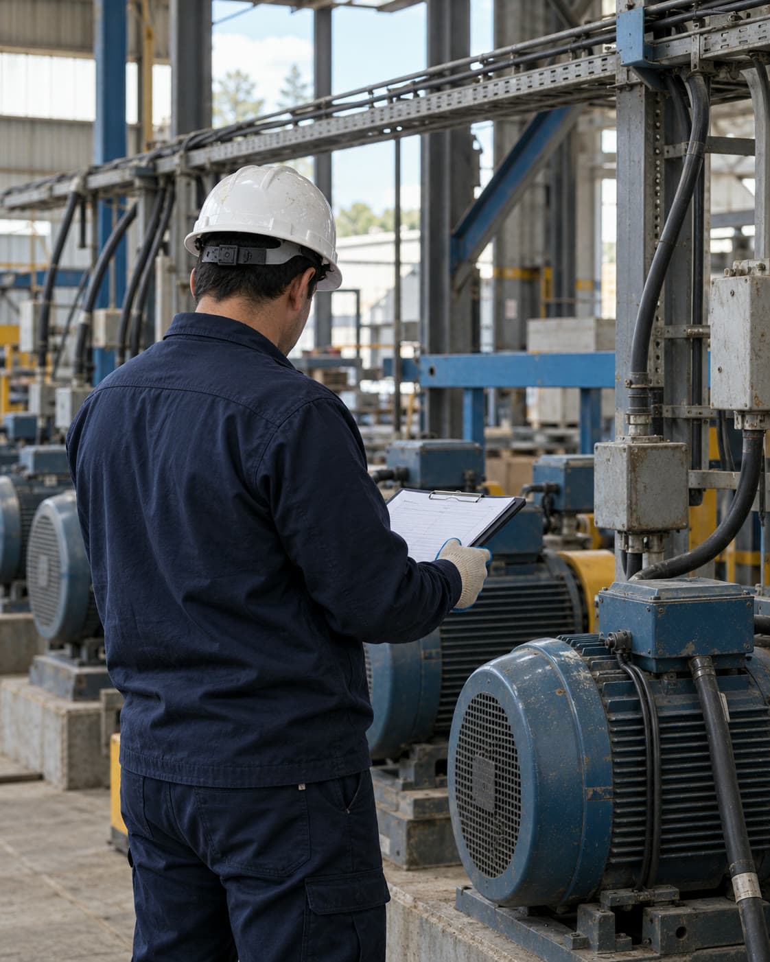 Técnico con casco revisando una planilla de inspección junto a motores en una planta