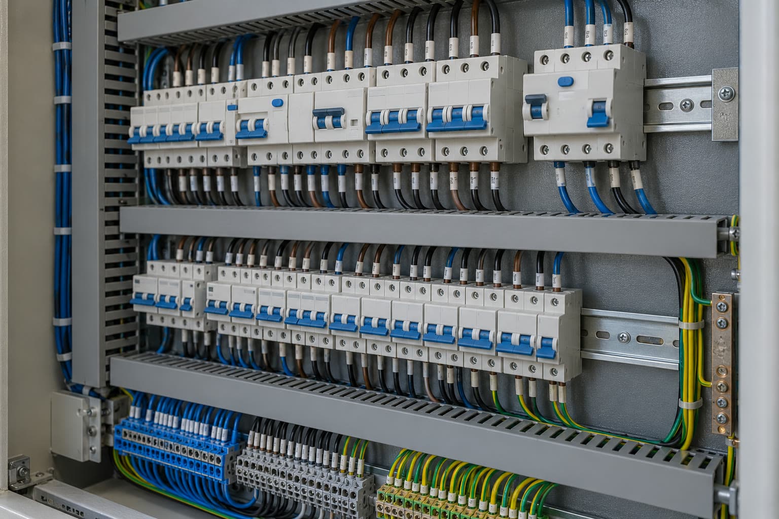Tablero eléctrico industrial ordenado, con interruptores en riel DIN y cableado identificado
